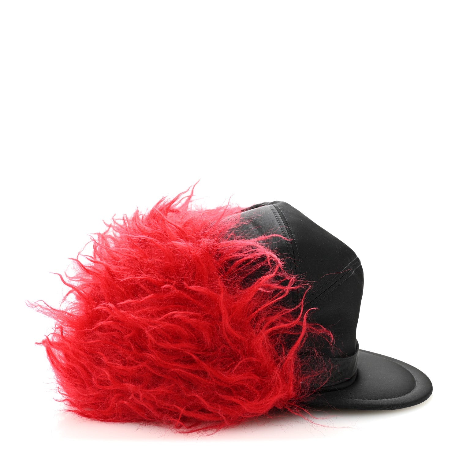 Prada Re-Nylon Curly Faux Fur Mens Ear Flap Baseball Hat L Black Cerise