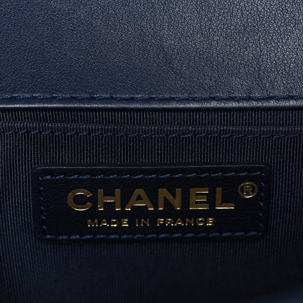 Chanel Calfskin Chevron Quilted Braided Small Boy Flap White Navy