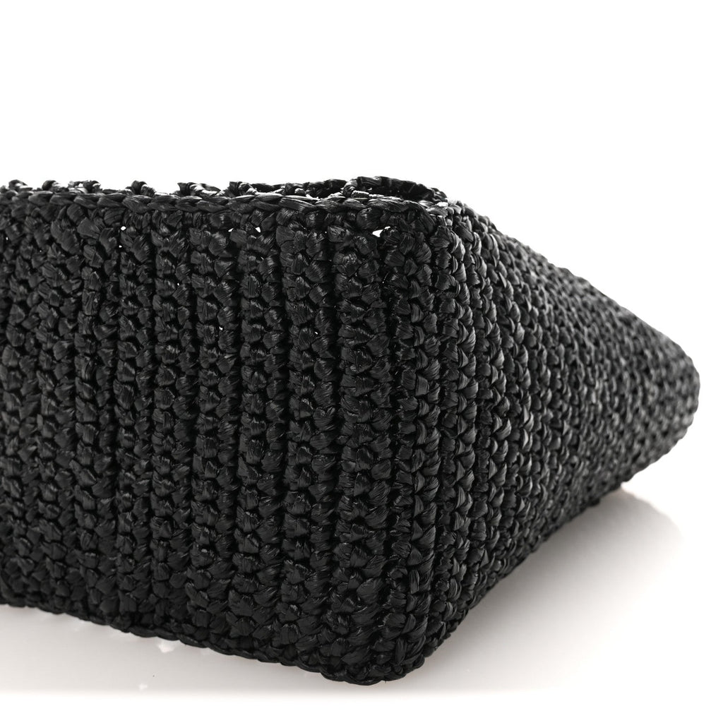 Prada Yarn Raffia Effect Crochet Logo Embroidered Small Tote Bag Black