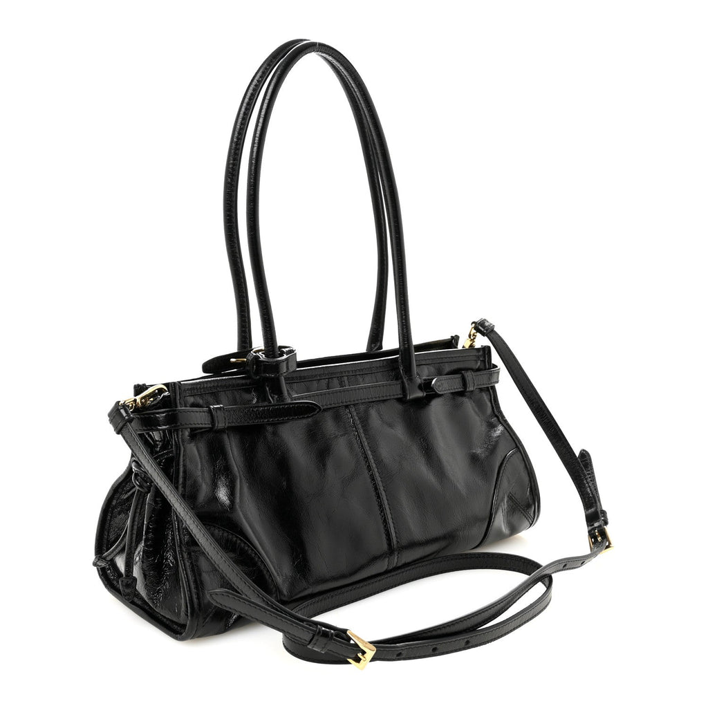 Prada Glossy Calfskin Triangle Medium Bonnie Shoulder Bag Black