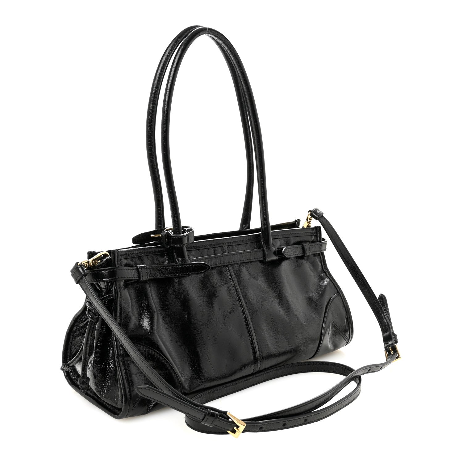 Prada Glossy Calfskin Triangle Medium Bonnie Shoulder Bag Black
