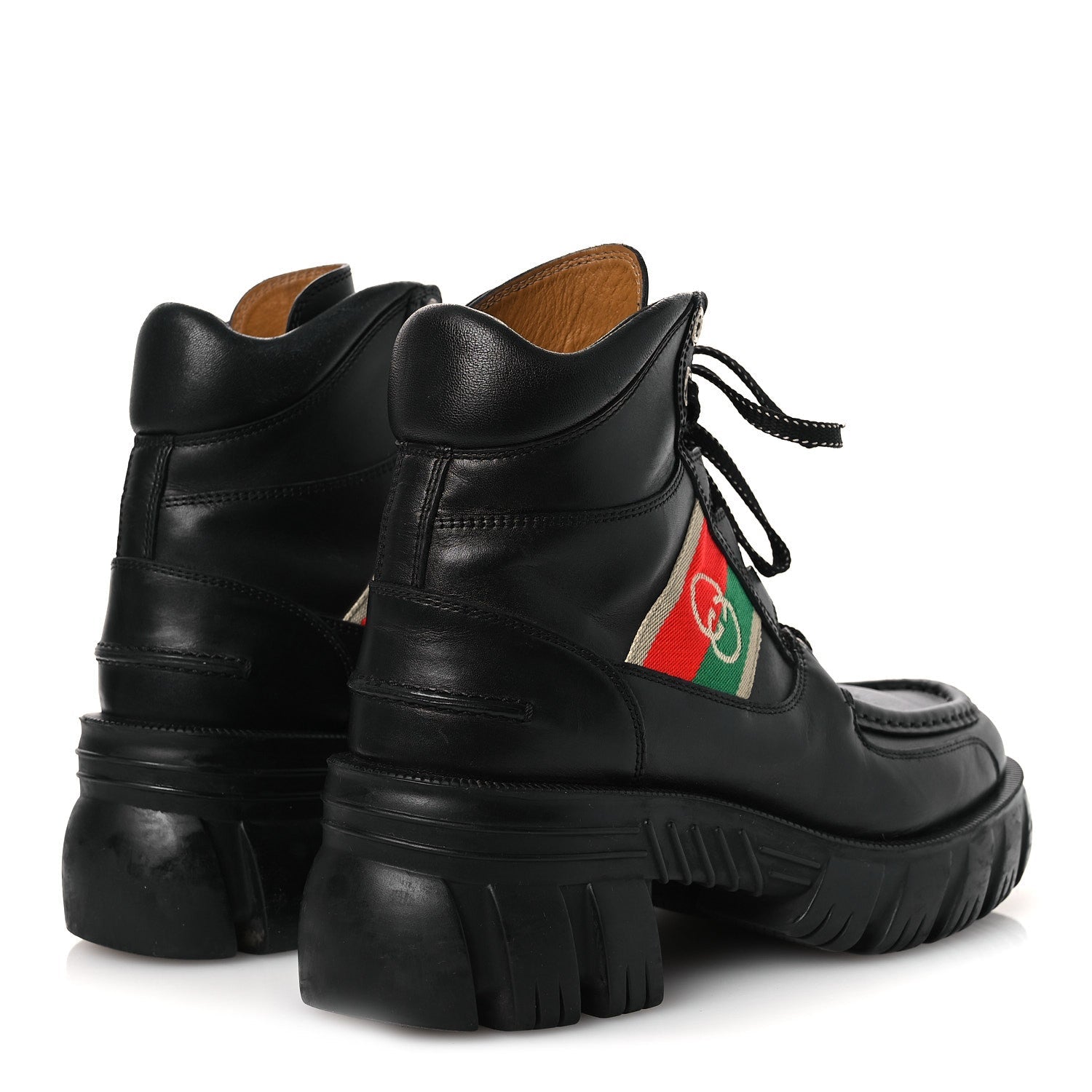 Gucci Quebec Calfskin Web Womens Interlocking G Lace Up Combat Boots 38 Black Mystic White Green Red