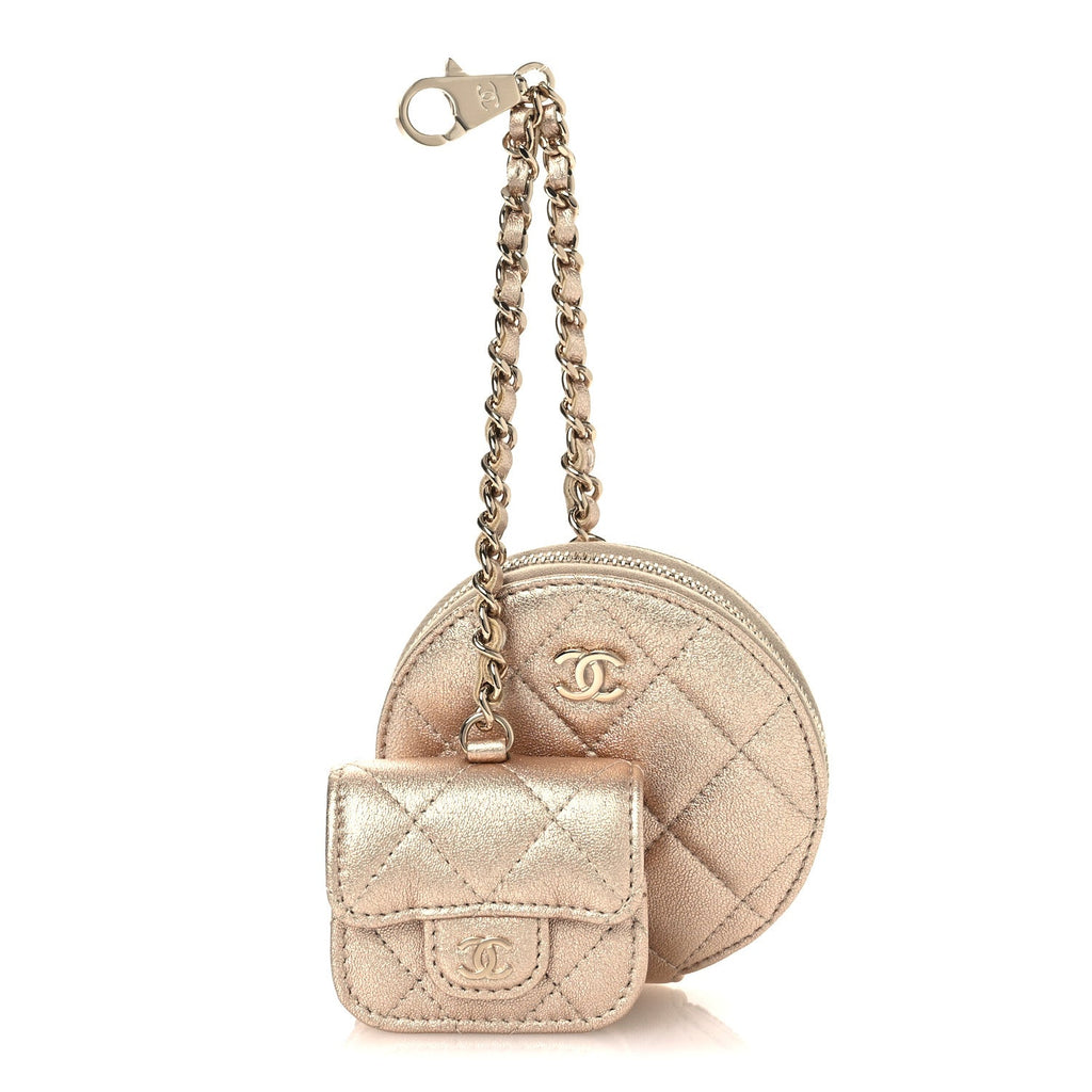 Metallic Lambskin Quilted Round Clip On Coin Purse Airpods Case Gold