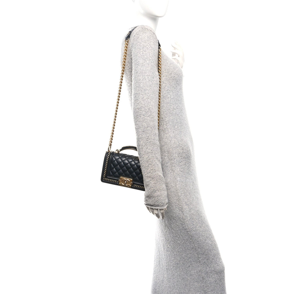 Chanel Lambskin Quilted Small Top Handle Boy Flap Black