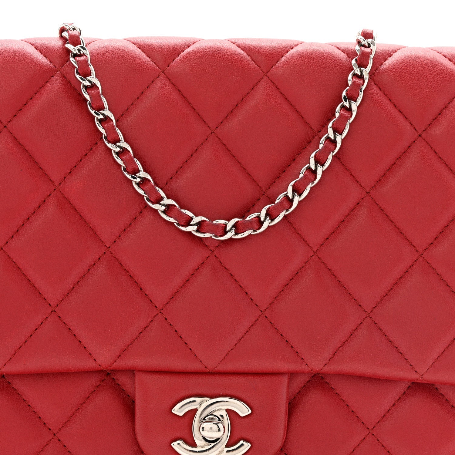 Chanel Lambskin Quilted Clutch With Chain Flap Red
