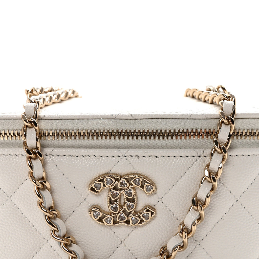 Chanel Caviar Quilted Crystal Hearts Small Vanity Case With Chain White