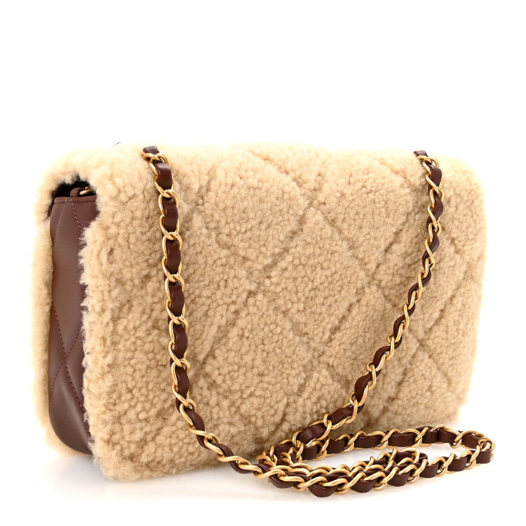 Chanel Shearling Lambskin Quilted Furry Coco Flap Dark Brown Beige