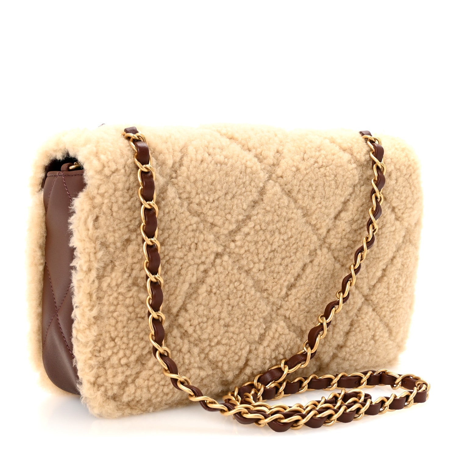 Chanel Shearling Lambskin Quilted Furry Coco Flap Dark Brown Beige