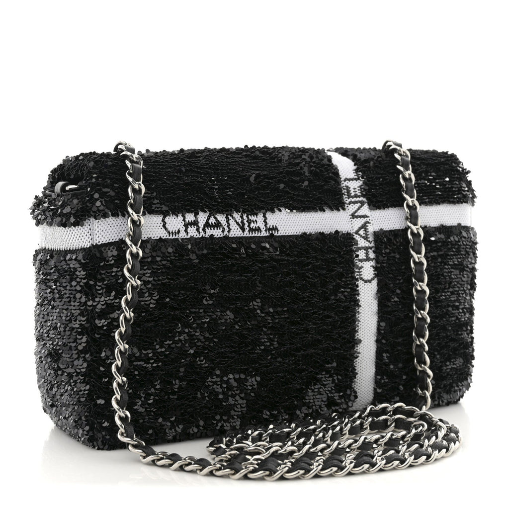 Chanel Sequin Ribbon Mini Rectangular Flap Black White