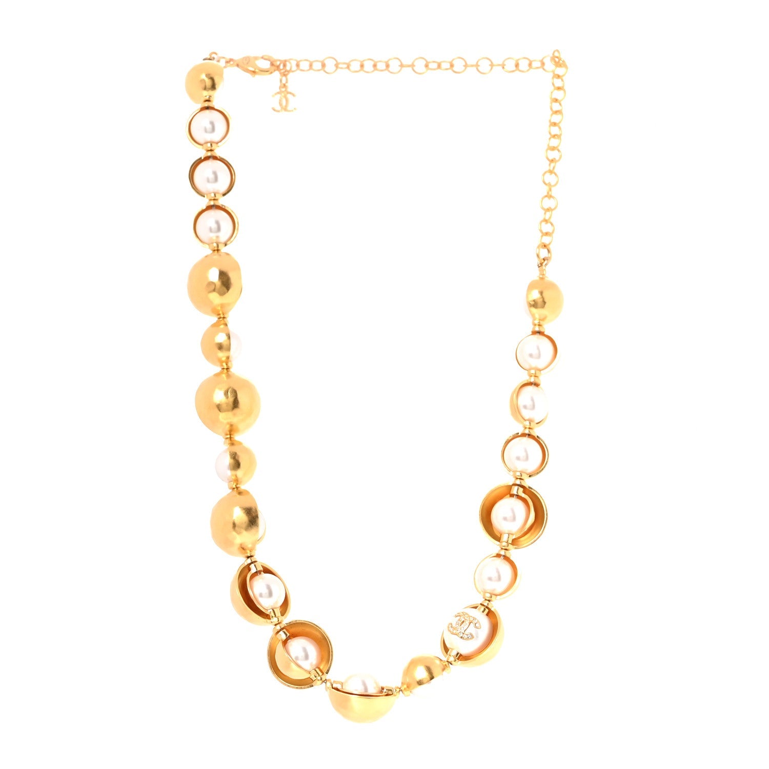 Metal Crystal Pearl CC Choker Necklace Gold Pearly White
