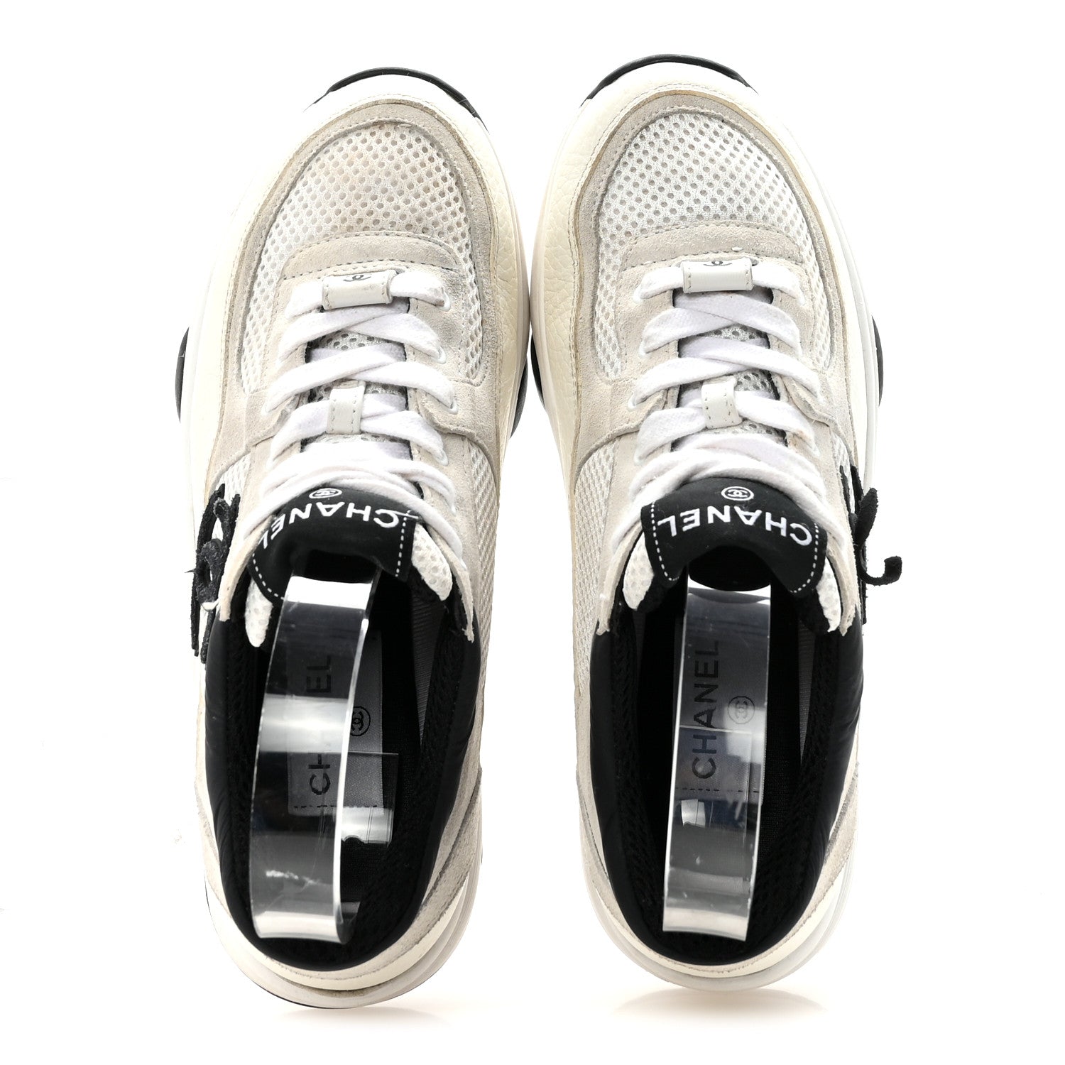 Mesh Suede Calfskin Grained Calfskin Womens CC Sneakers 36 White Black