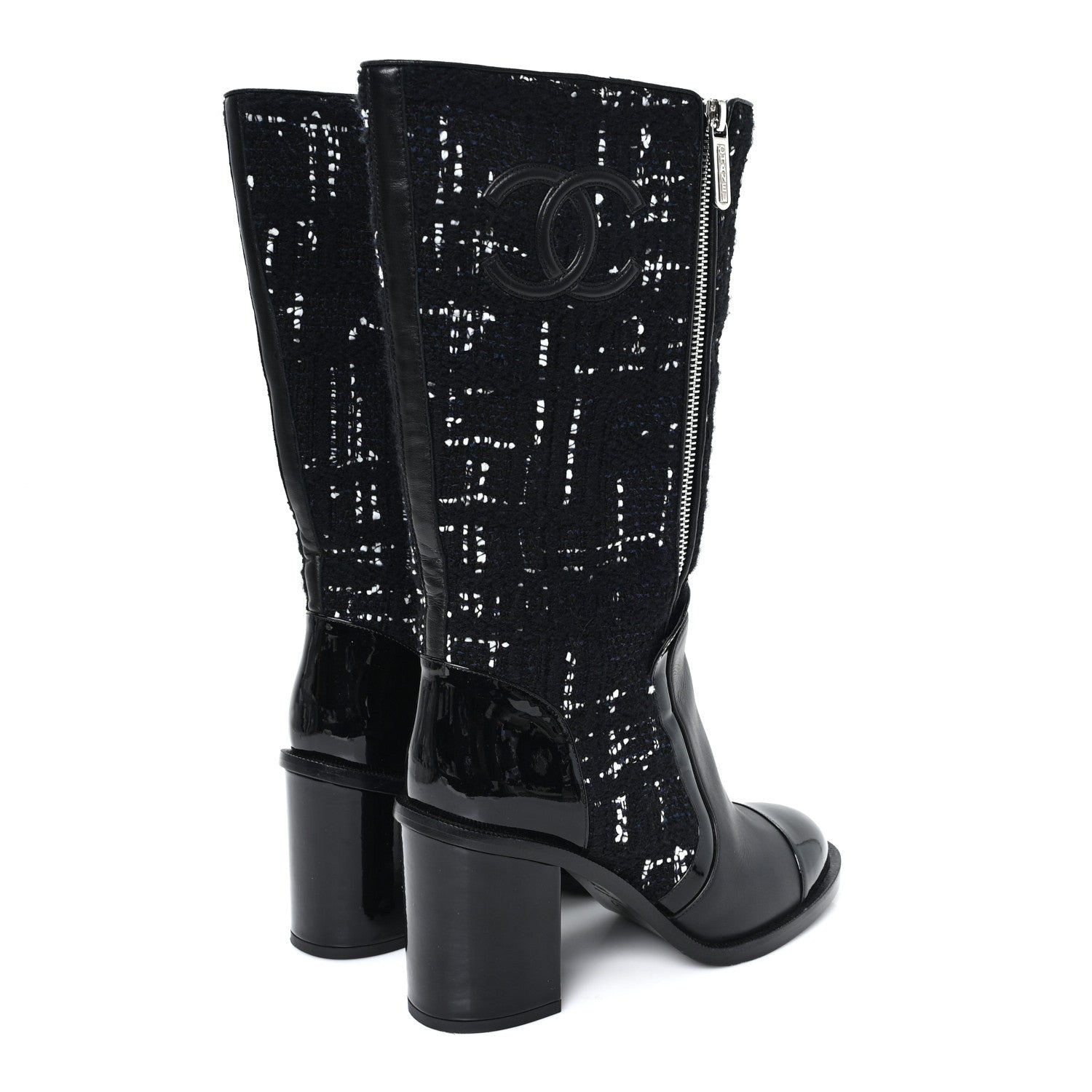 Chanel Tweed Calfskin Patent Cap Toe CC High Boots 37.5 Black Navy White