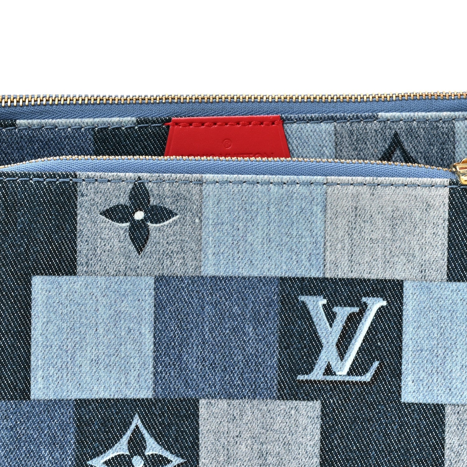 Louis Vuitton Denim Damier Monogram Patchwork Multi Pochette Accessories Blue Rouge