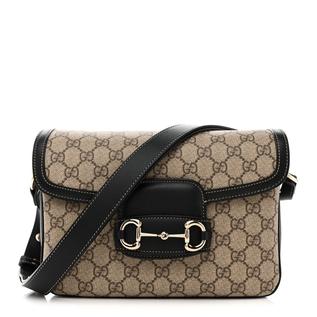 Gucci GG Supreme Monogram Horsebit 1955 Soft Small Shoulder Bag Beige Black