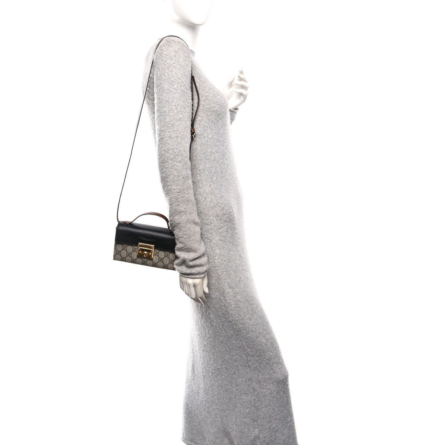 Gucci GG Supreme Monogram Calfskin Mini Padlock Top Handle Shoulder Bag Beige Black Cuir