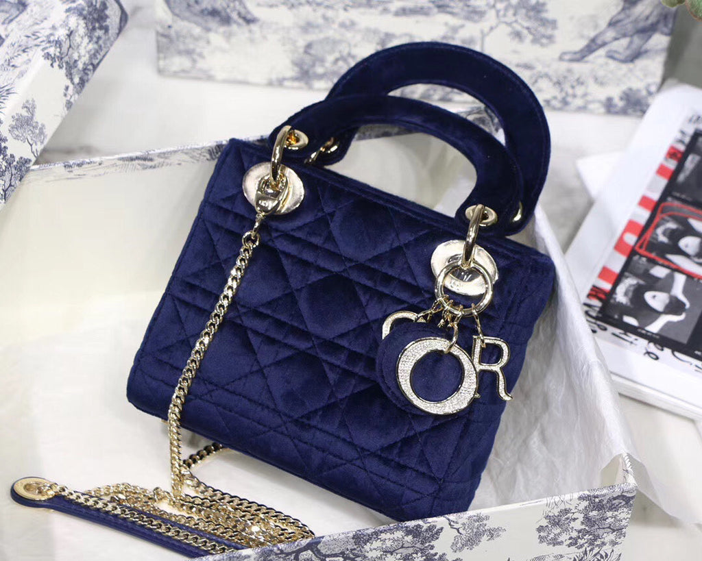 Dior Blue Velvet Mini Lady Dior Bag With Chain