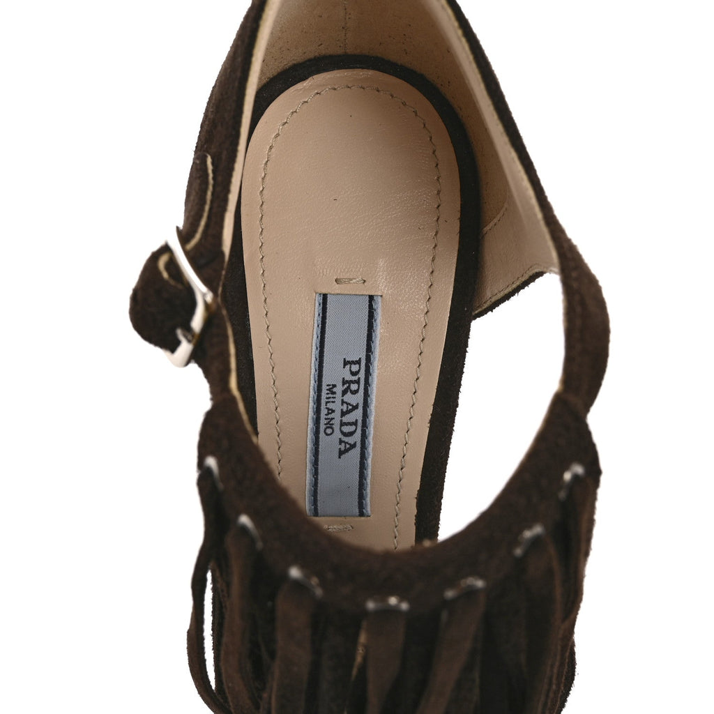 Prada Suede Fringe Peep Toe Sandal 36 Moro