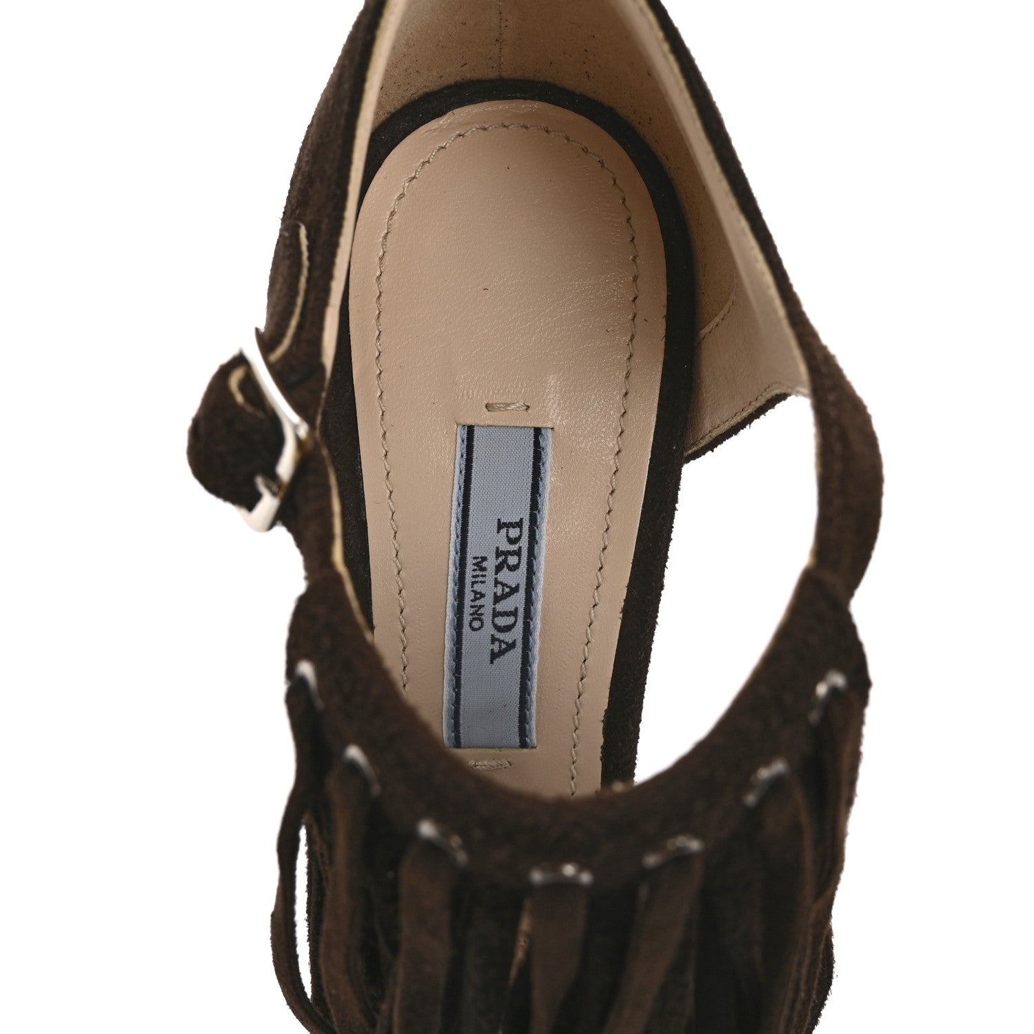 Prada Suede Fringe Peep Toe Sandal 36 Moro