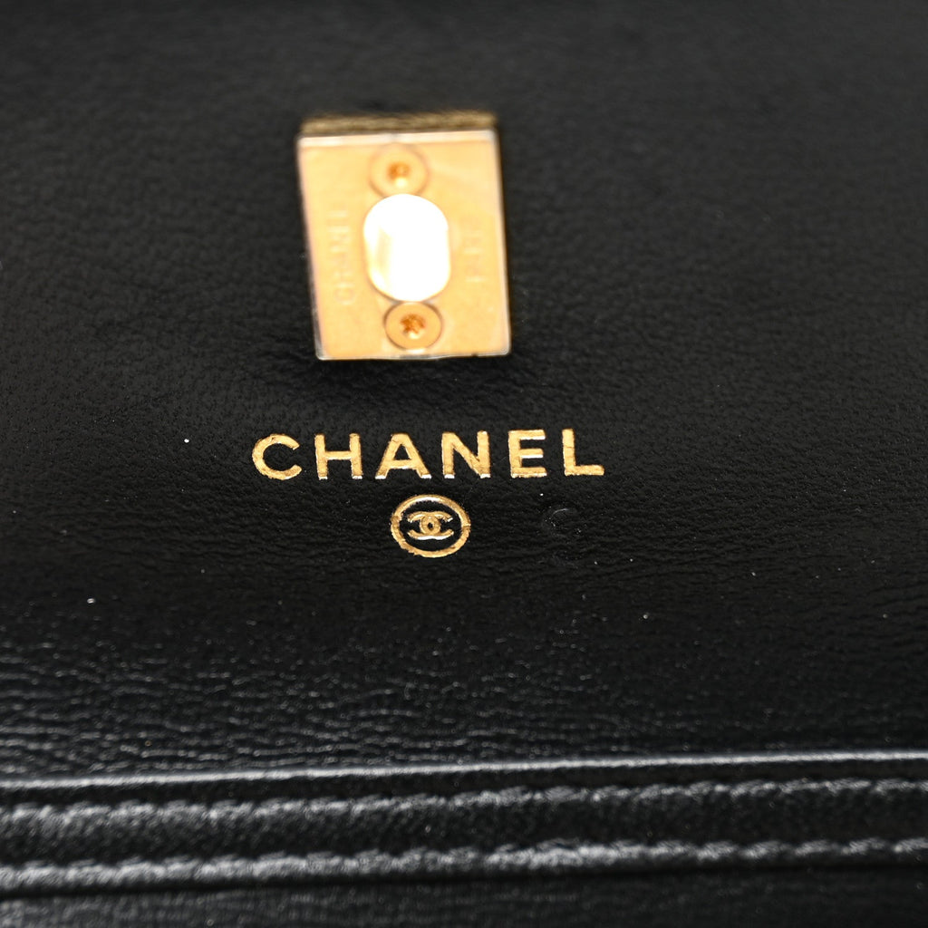 Chanel Lambskin Quilted Pearl Crush Card Holder With Chain Black