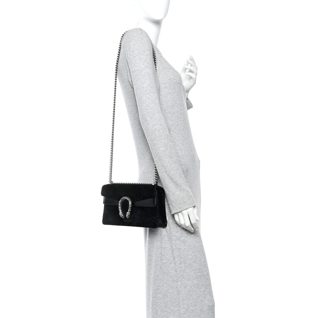 Gucci Velvet Skipper Crystal GG Monogram Small Dionysus Shoulder Bag Black Black Diamond
