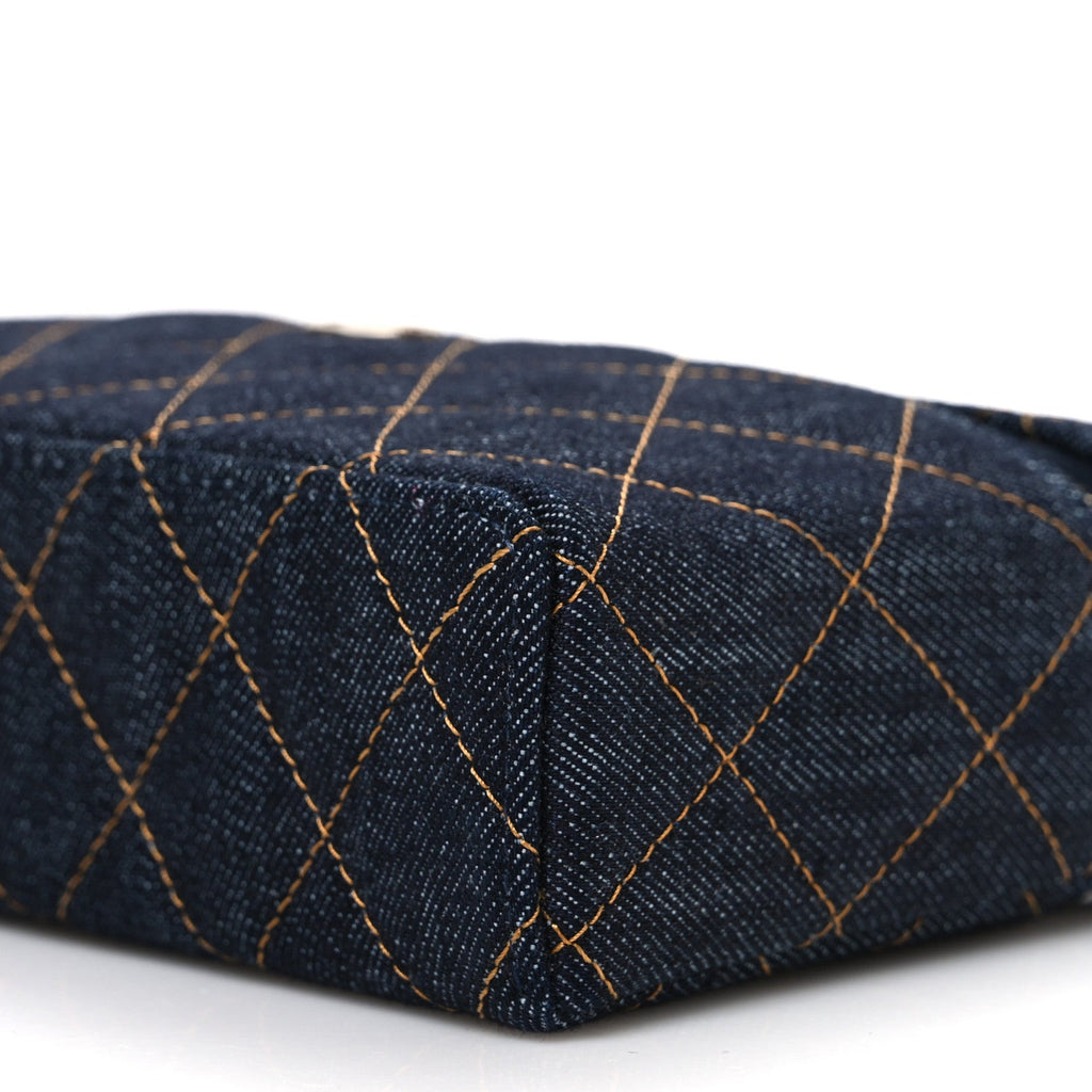 Chanel Denim Quilted Top Handle Slim Vanity Case With Chain Dark Blue Orange