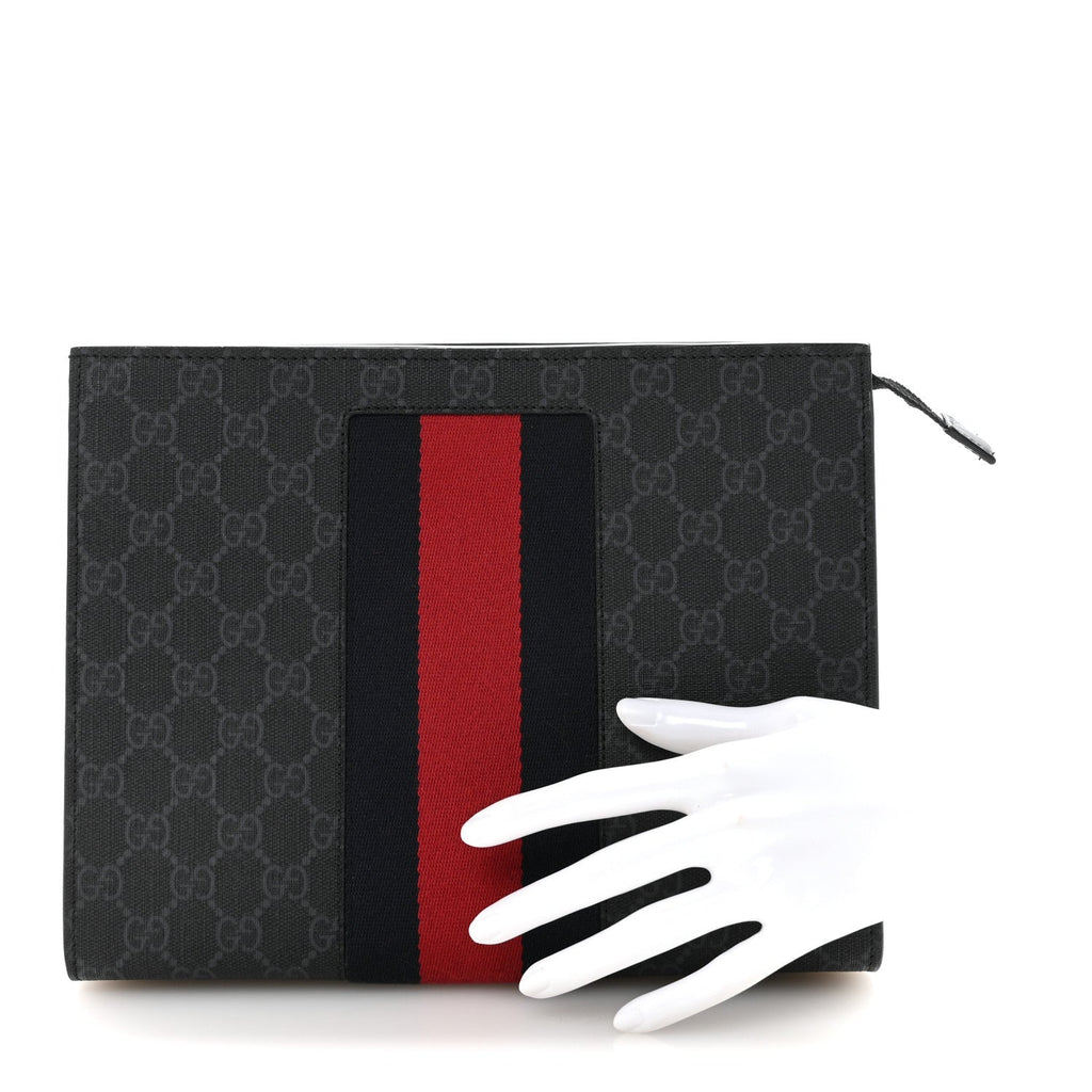 Gucci GG Supreme Monogram Selleria Calfskin Web New Web Cosmetic Case Black