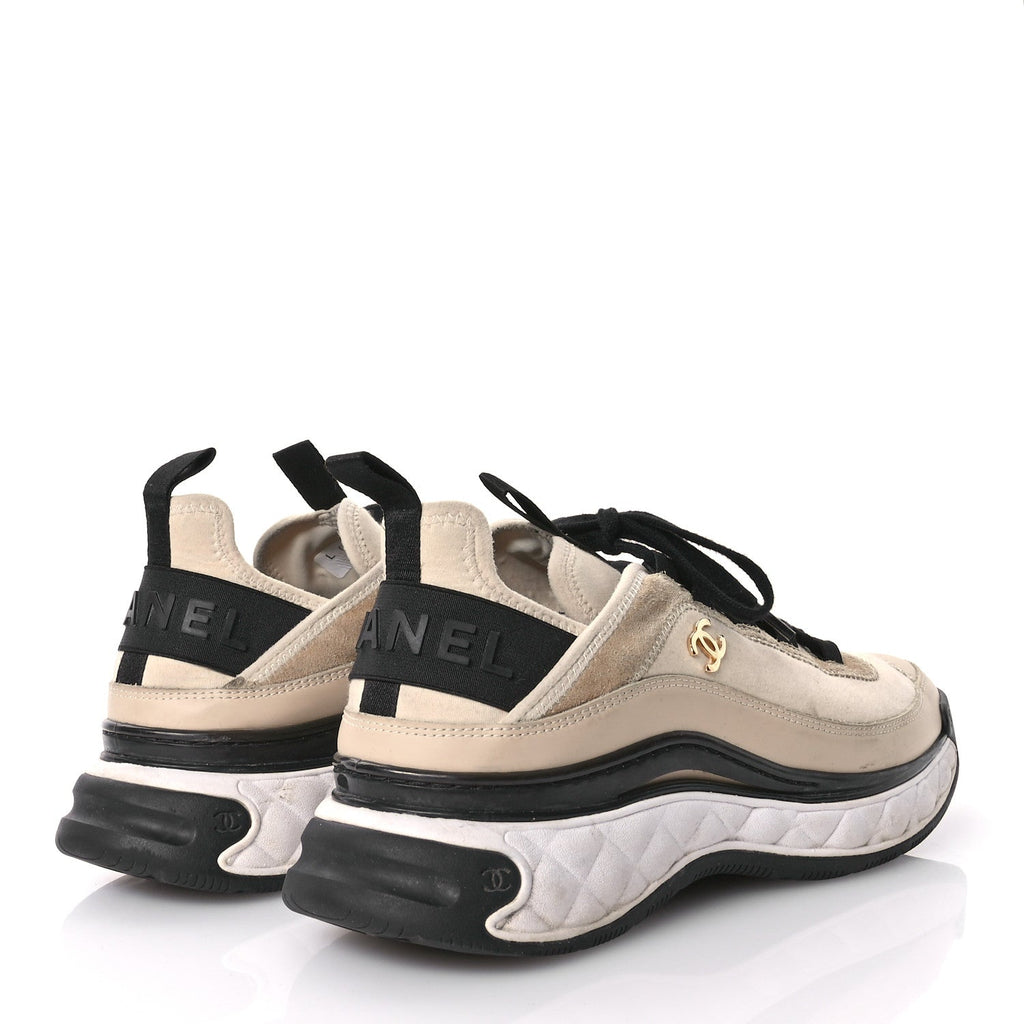 Chanel Velvet Calfskin Mixed Fibers CC Sneakers 40.5 Beige