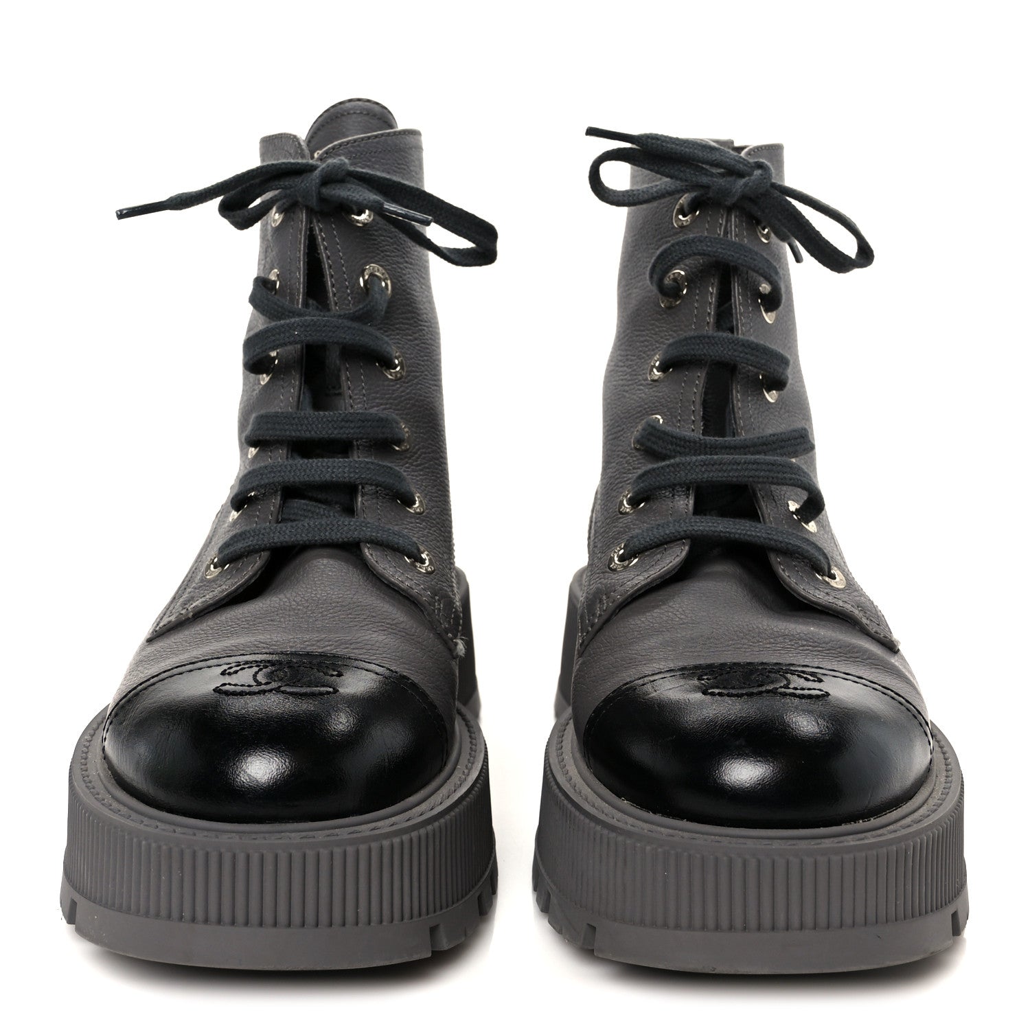 Grained Calfskin Shiny Calfskin CC Lace Up Combat Boots 41 Gray Black