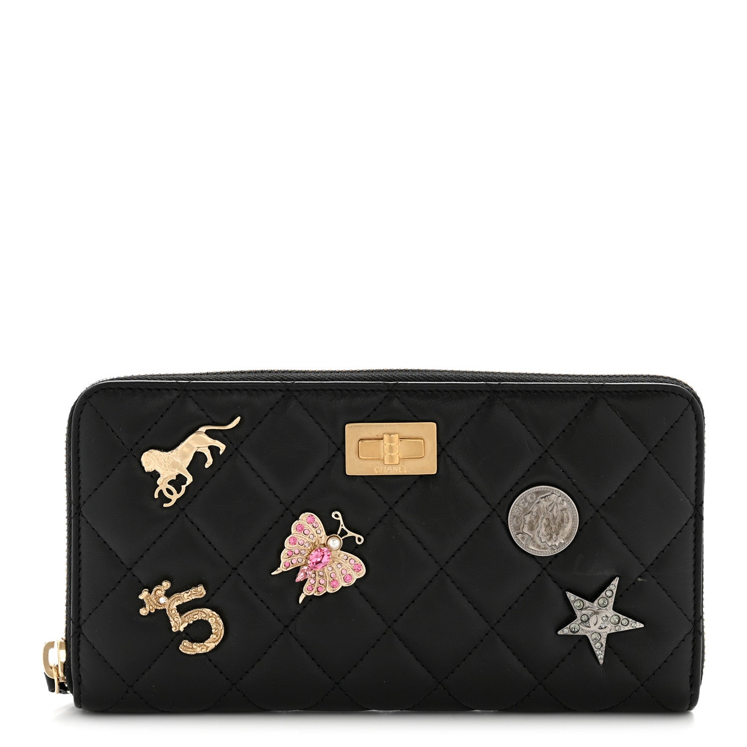 Aged Calfskin Quilted Lucky Charms 2.55 Reissue Zip Around Wallet Black