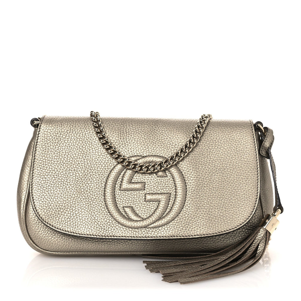 Gucci Metallic Pebbled Calfskin Medium Soho Flap Crossbody Golden Beige