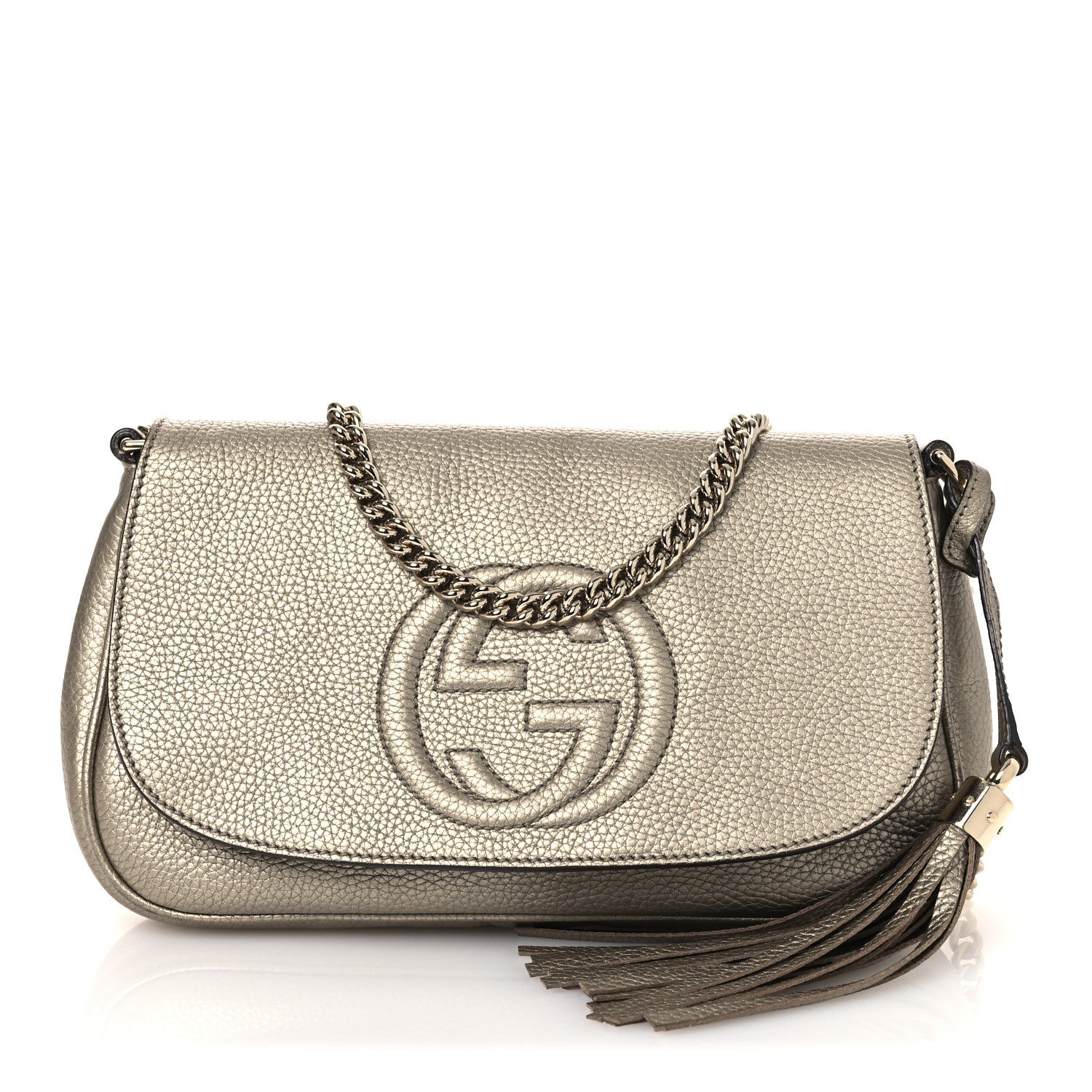 Gucci Metallic Pebbled Calfskin Medium Soho Flap Crossbody Golden Beige
