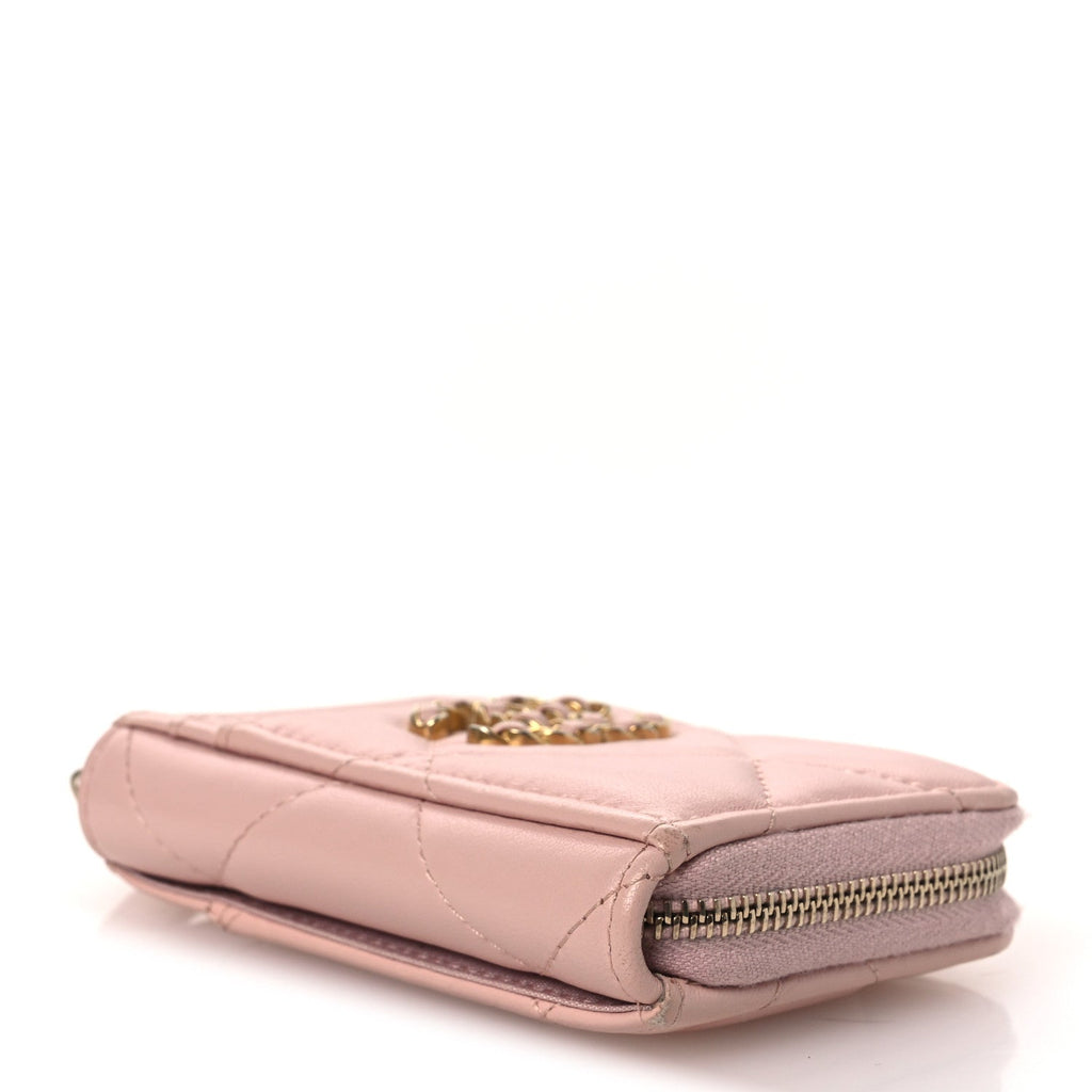 Lambskin Quilted Chanel 19 Vertical Zip Card Holder Wallet Light Pink