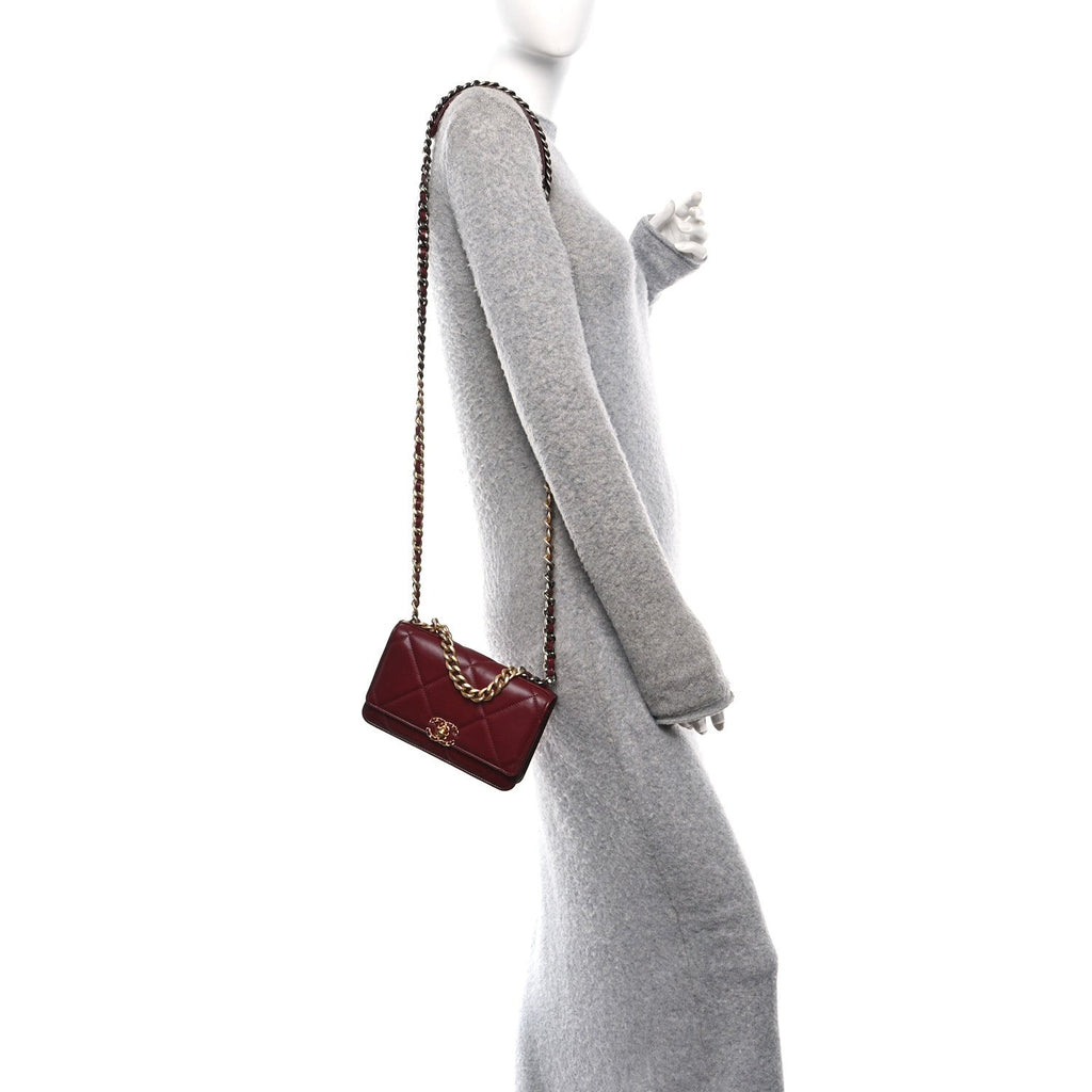 Chanel Lambskin Quilted Chanel 19 Wallet On Chain WOC Burgundy
