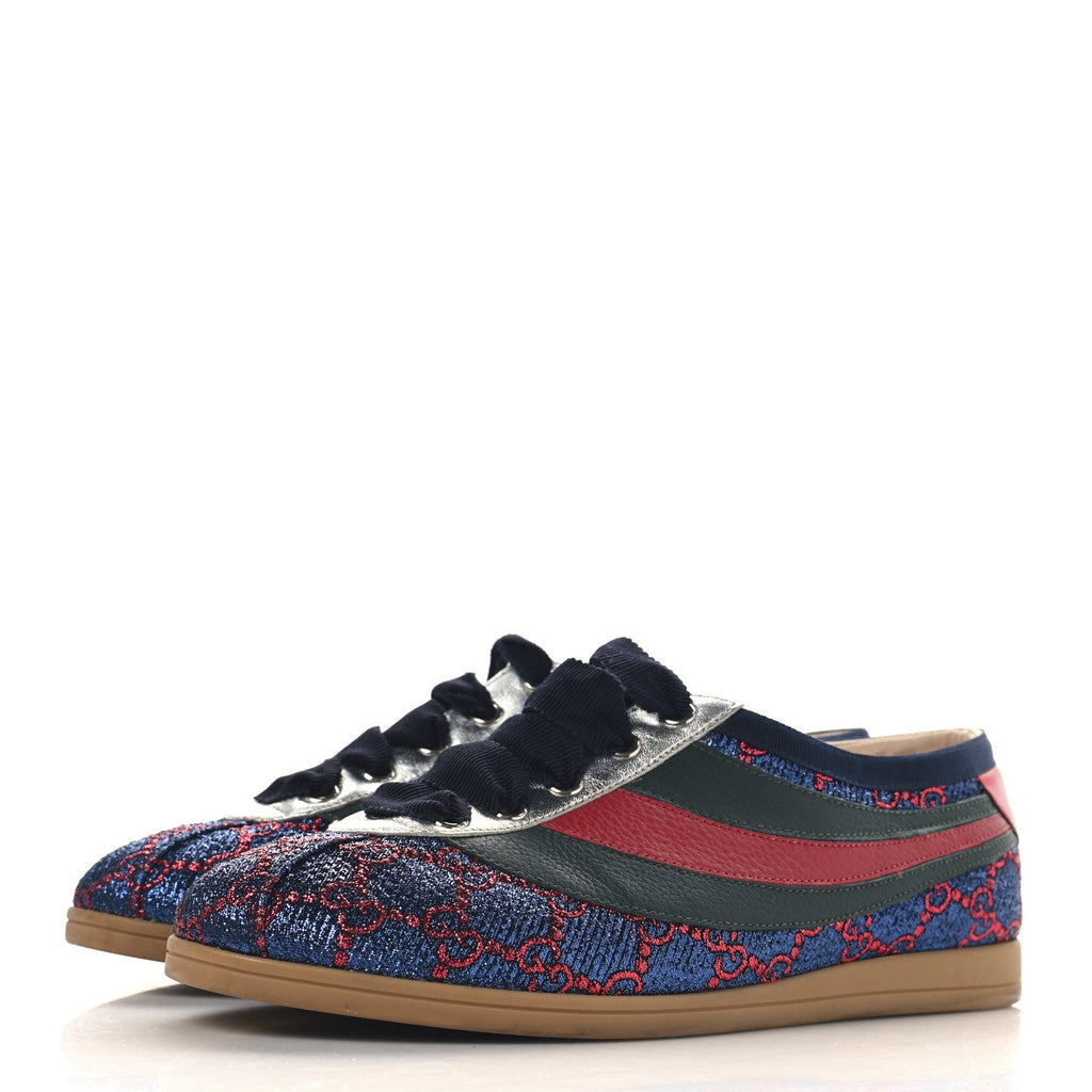Gucci Lurex Calfskin Web GG Monogram Womens Falacer Sneakers 37 Iridescent Blue Iridescent Red Silver