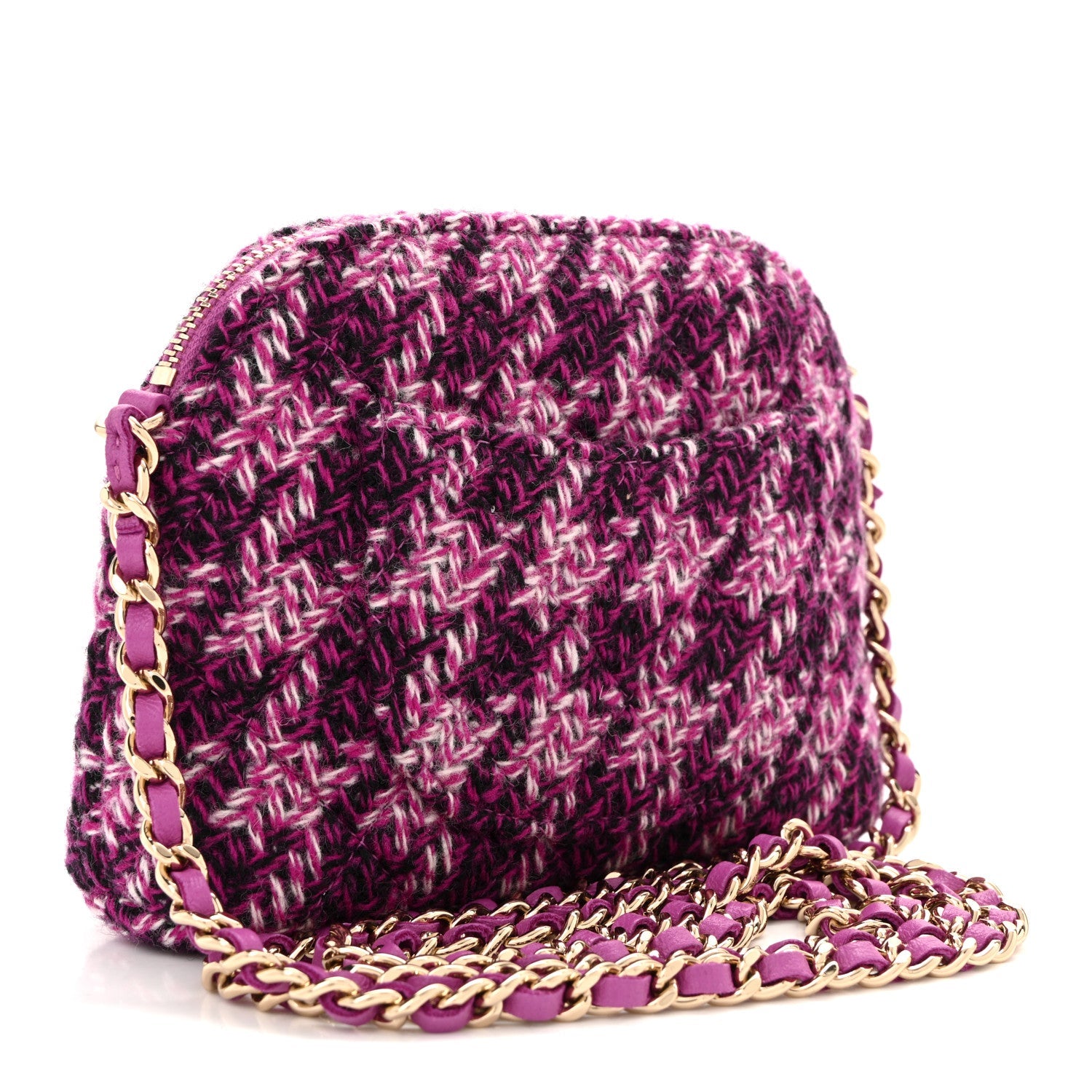 Chanel Tweed Quilted Mini Clutch With Chain Purple