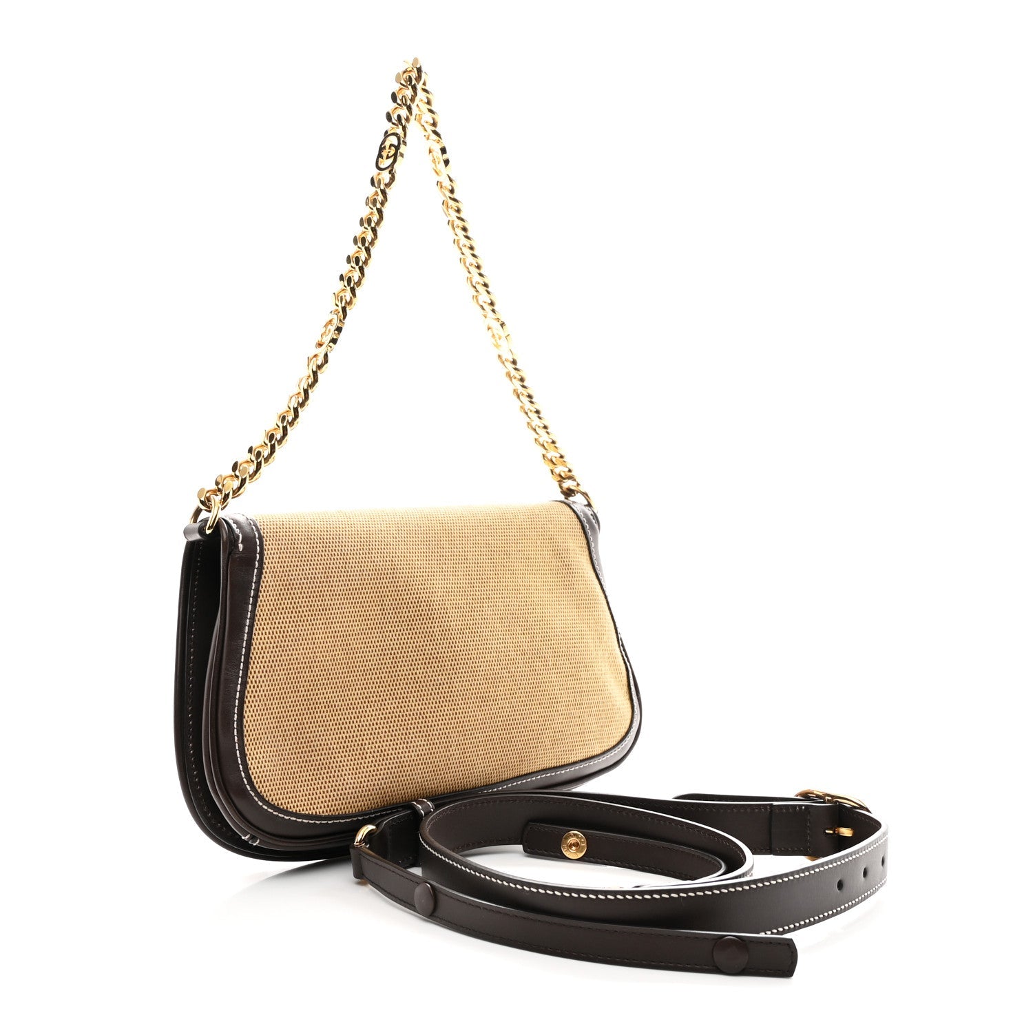 Gucci Canvas Dollar Calfskin Blondie Chain Shoulder Flap Bag Brown