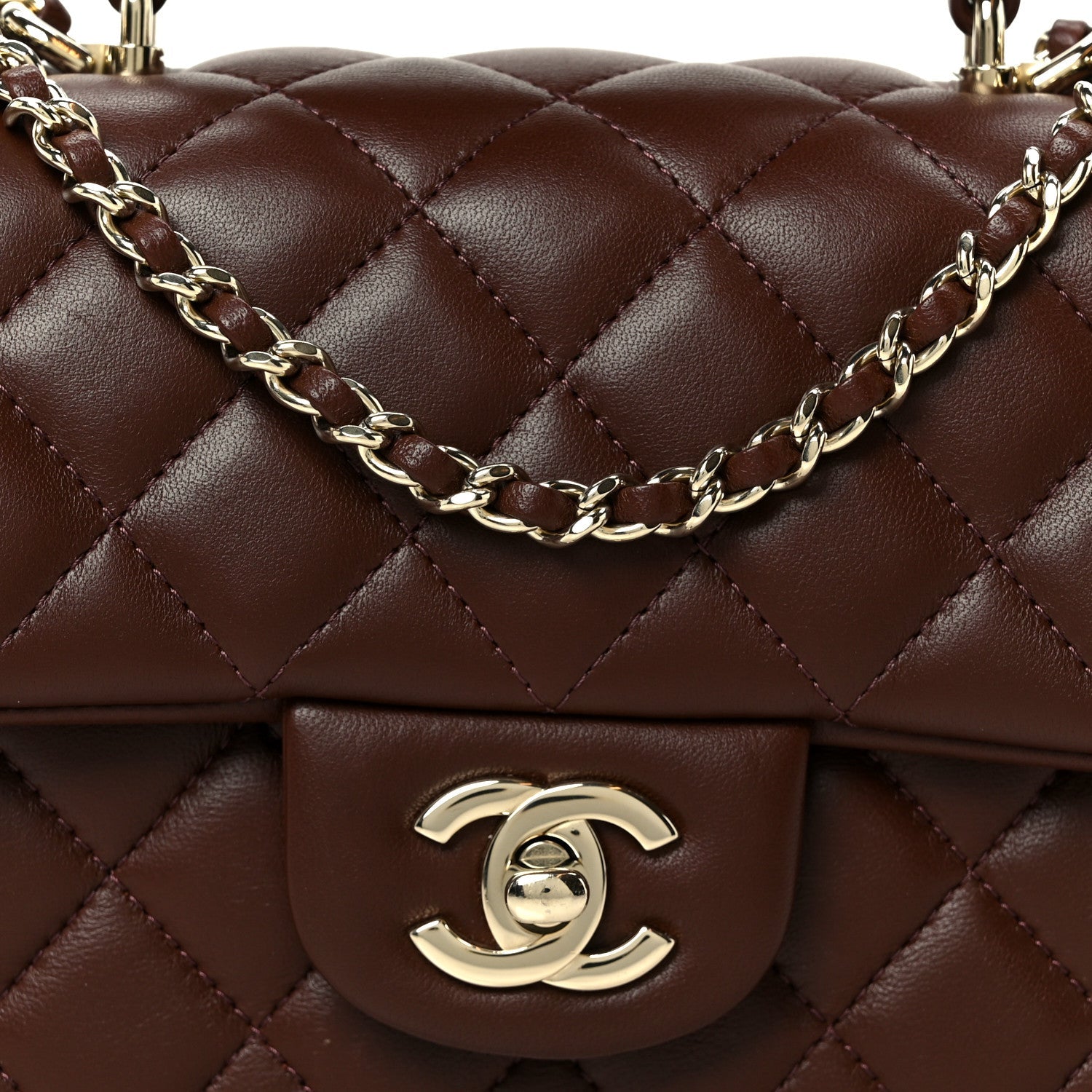 Chanel Lambskin Quilted Mini Top Handle Rectangular Flap Dark Brown