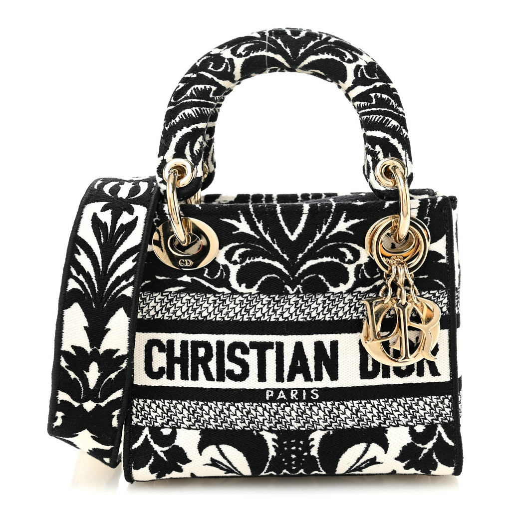 Christian Dior Canvas Petites Fleurs Embroidered Mini Lady D-Lite Black White