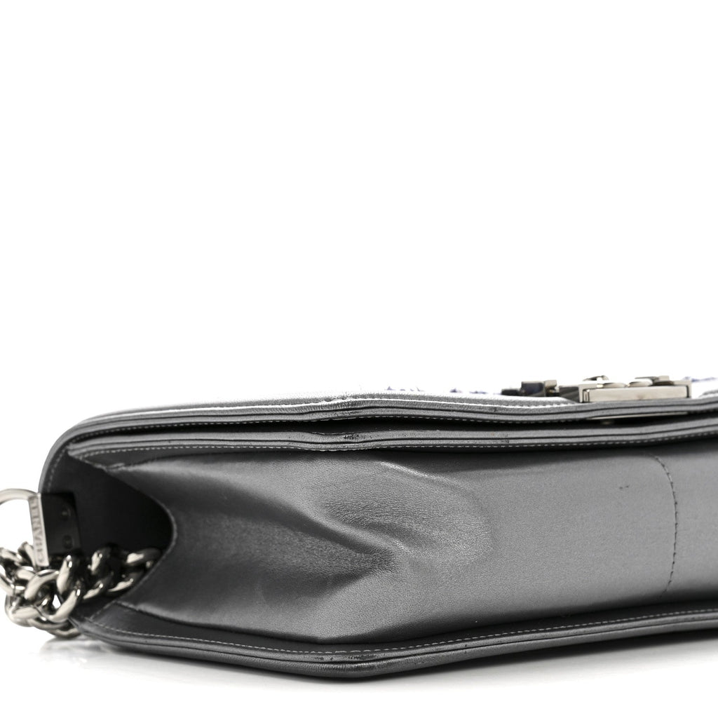 Chanel Tweed Metallic Lambskin Medium Boy Flap Silver