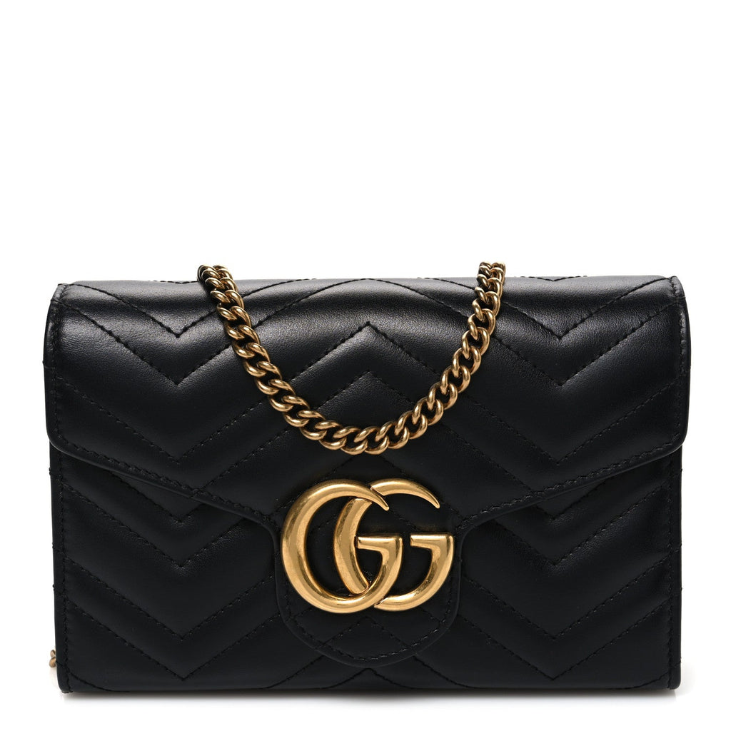 Gucci Calfskin Matelasse GG Marmont Chain Wallet Black