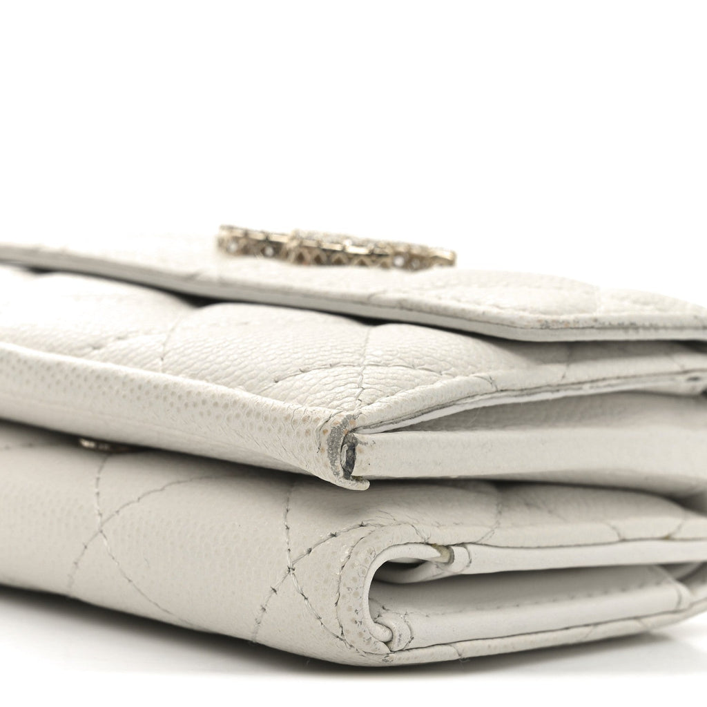 Caviar Quilted Crystal CC Small Flap Wallet White