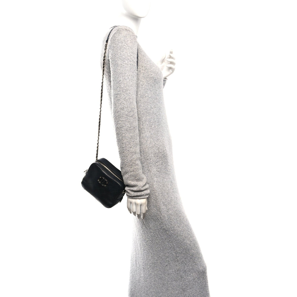 Chanel Calfskin Stitched Covered CC Camera Case Bag Black
