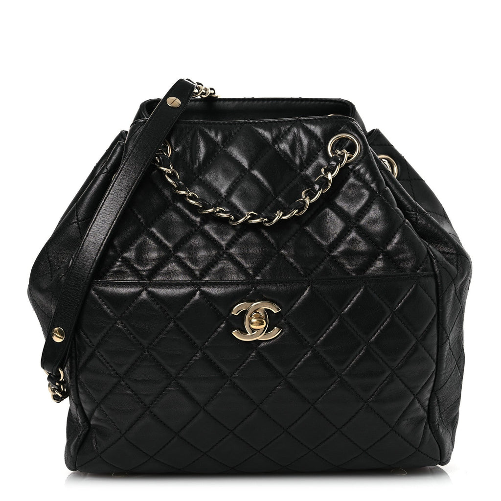 Chanel Lambskin Quilted Drawstring Bag Black