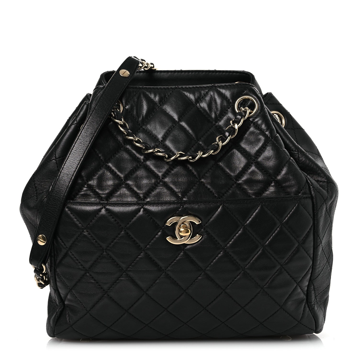 Chanel Lambskin Quilted Drawstring Bag Black