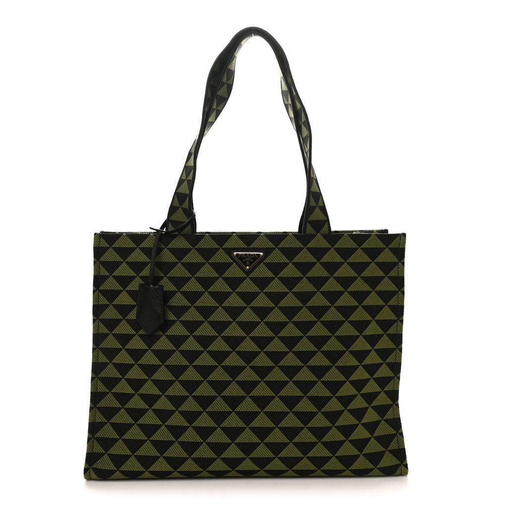 Prada Jacquard Saffiano Triangolo Symbole Embroidered Shopping Tote Black Edera
