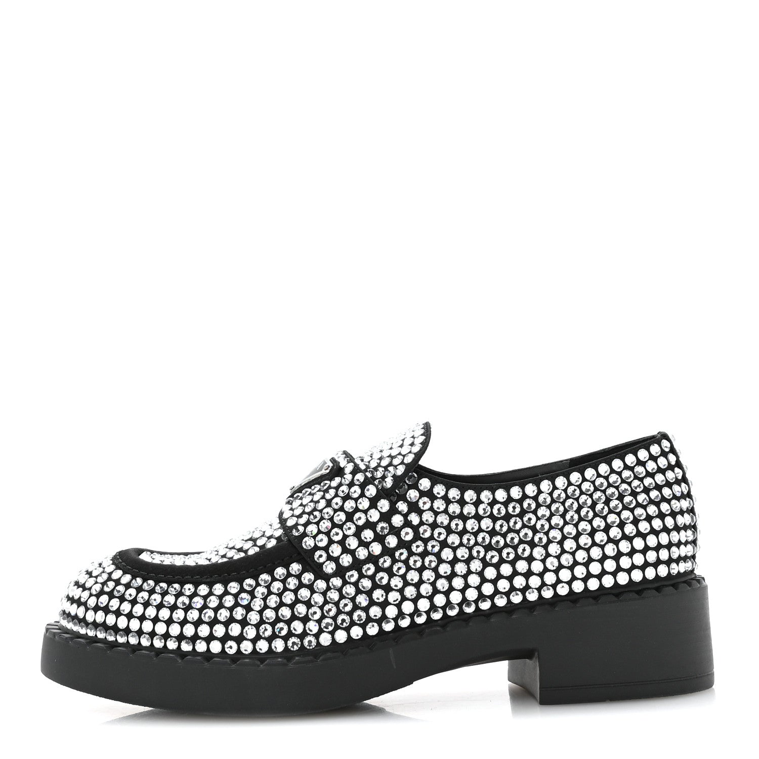 Prada Satin Crystal Metal Triangle Logo 50mm Loafers 36.5 Cristal