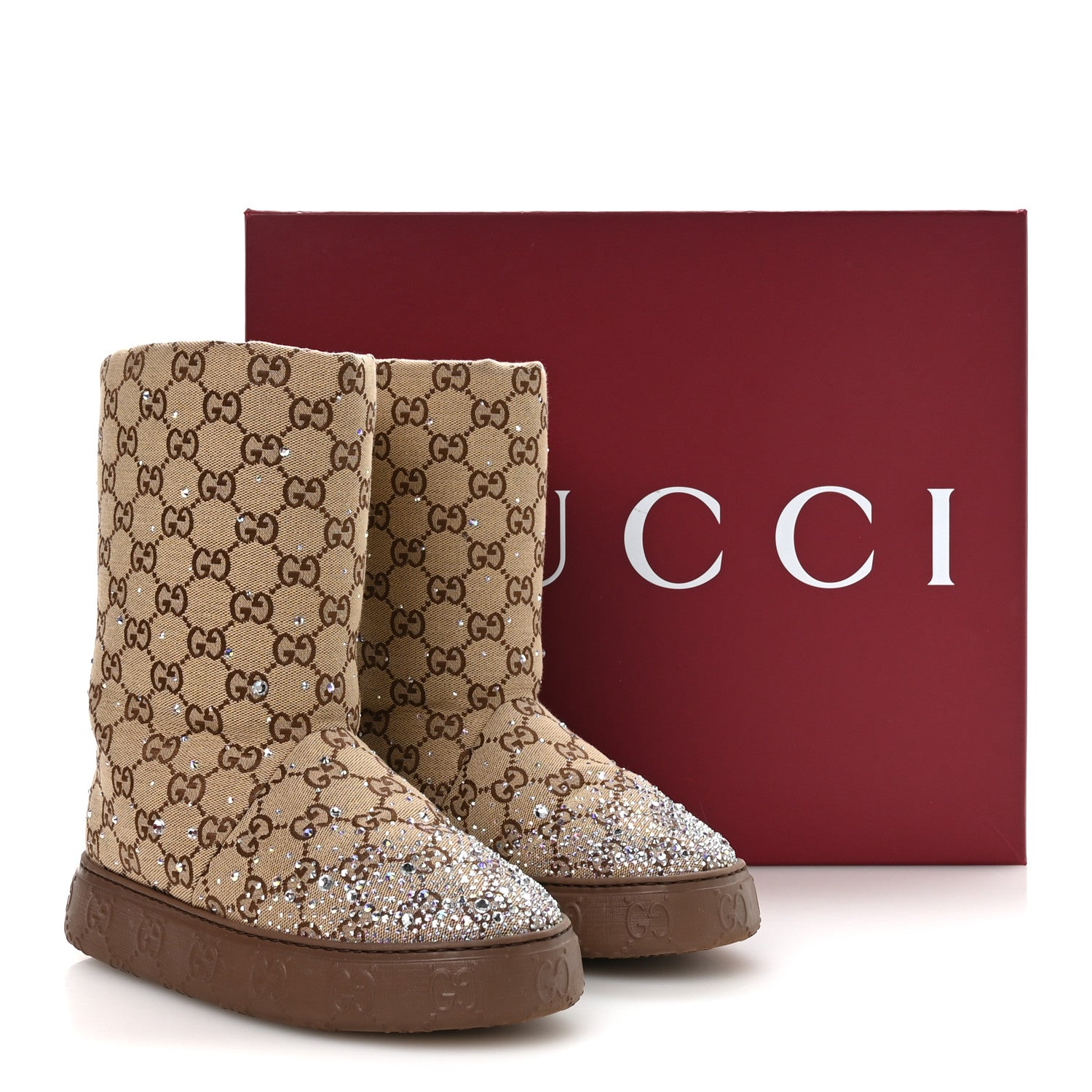 Gucci Monogram GG Strass Thermal Bootie 37 Camel Ebony