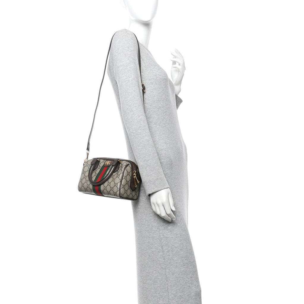 Gucci GG Supreme Monogram Textured Dollar Calfskin Web Mini Ophidia Top Handle Bag Beige Ebony New Acero