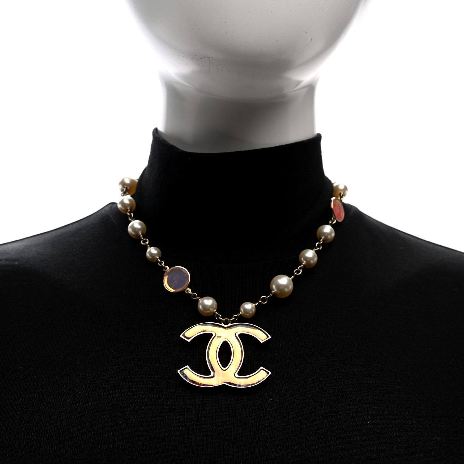 Iridescent Enamel Pearl CC Short Necklace Pink Gold