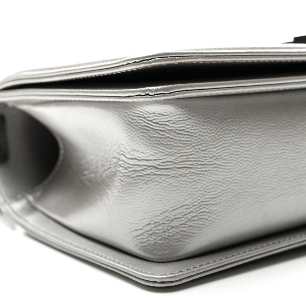 Chanel Metallic Caviar Chevron Quilted Medium Boy Flap Silver
